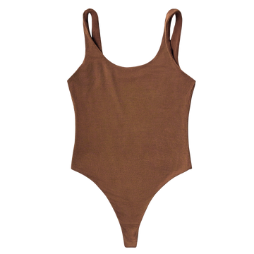 Ella nude, a chocolate brown tone, bodysuit in scoop neck tank style with thong bottom.