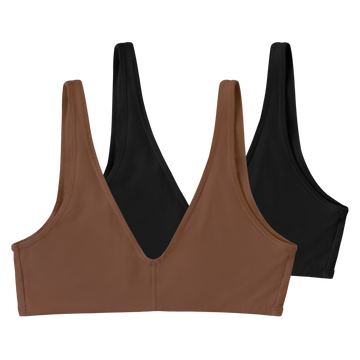 a 2-pack of the Everyday Bralette that inlcudes Ella nude, a chocolate brown tone, and a black bralette. Made from soft and sustainable tencel