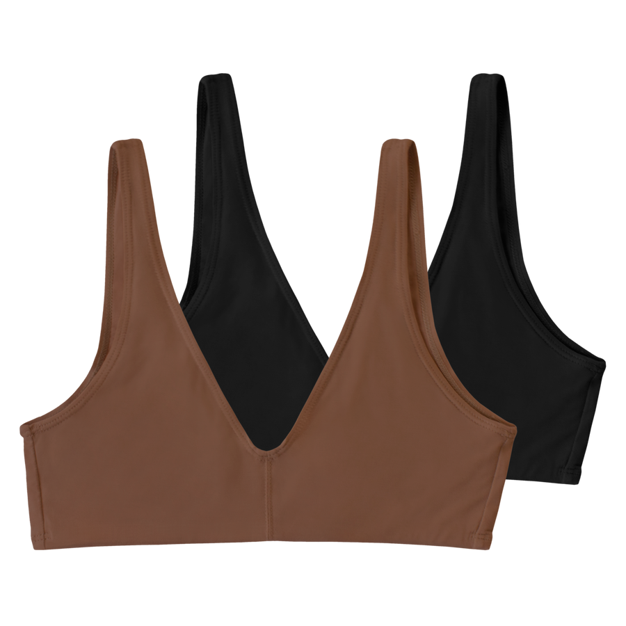 a 2-pack of the Everyday Bralette that inlcudes Ella nude, a chocolate brown tone, and a black bralette. Made from soft and sustainable tencel