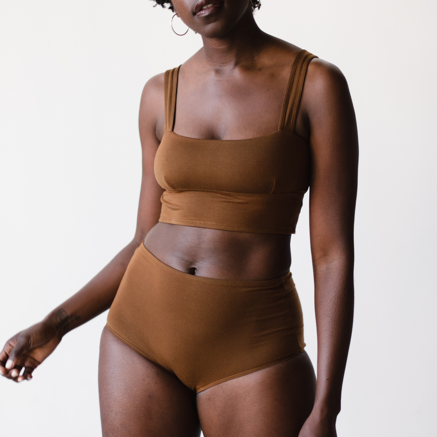 Square neck bralette crop top in Ella nude brown on model front view