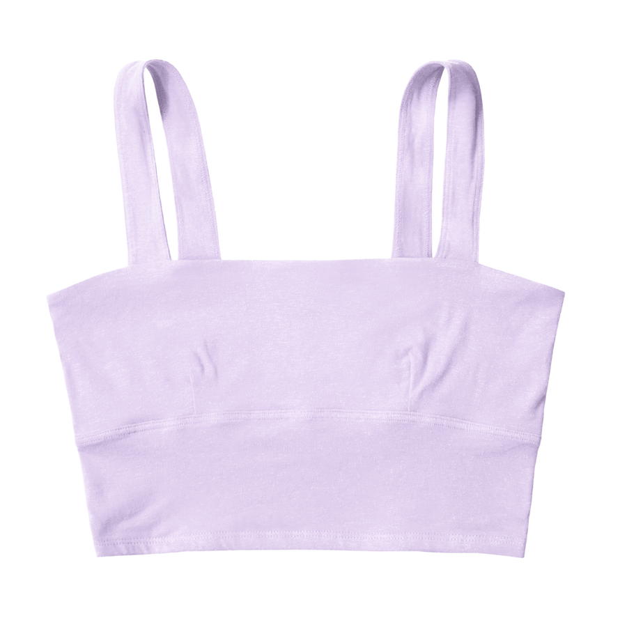 lilac light purple, square neck bralette flat lay. A wire free design.