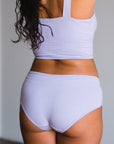 back view of lilac light purple organic cotton and hemp mid rise briefs