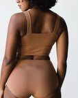 maya nude, a medium nude caramel tone, back view. made of soft and sustainable tencel.