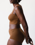Square neck bralette crop top in Ella nude brown on model side view