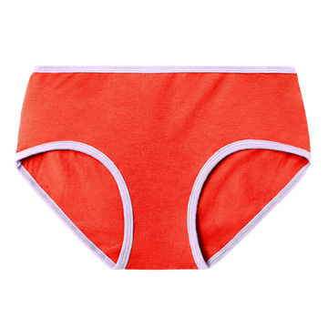 Poppy mid rise brief is a bright red tone with lilac, light purple contrast at the waist and leg openings. Has subtle hemp texture.