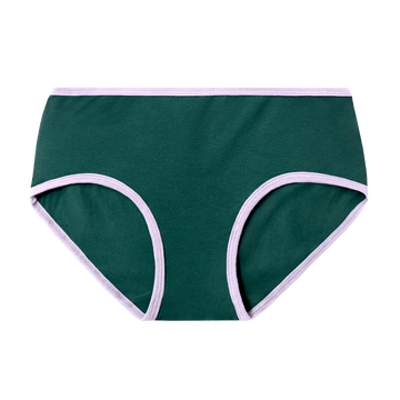 Lagoon, dark green, mid rise brief with lilac accent at the waist and leg openings.