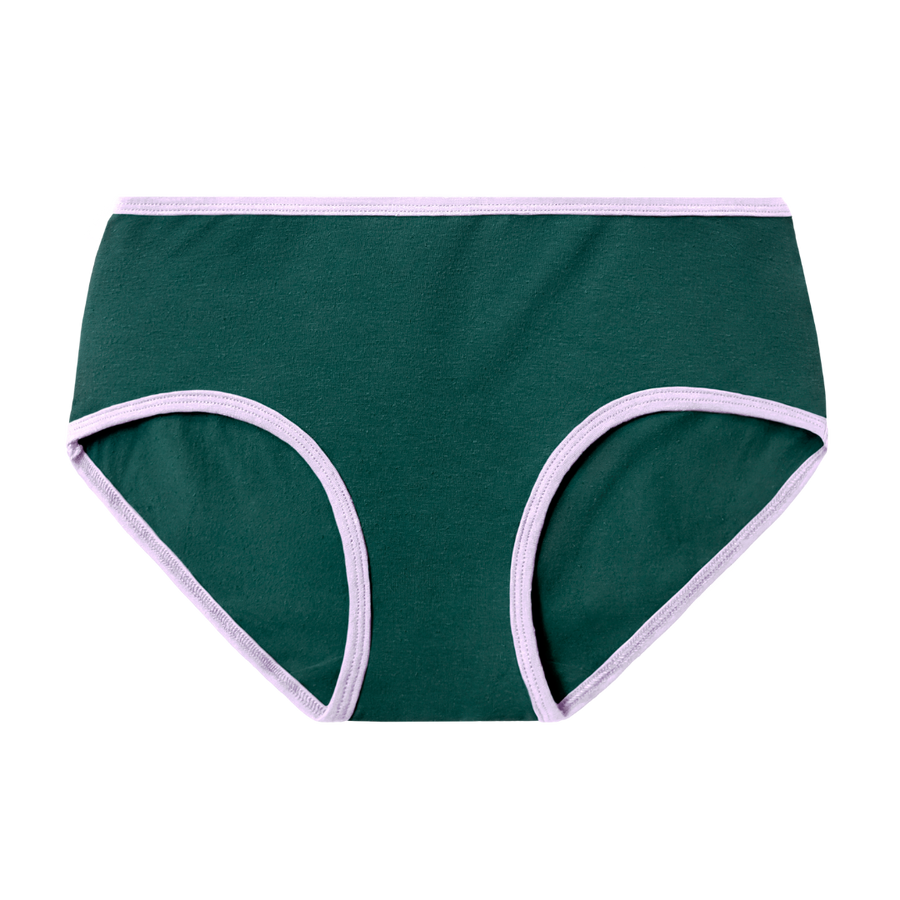 Lagoon, dark green, mid rise brief with lilac accent at the waist and leg openings.