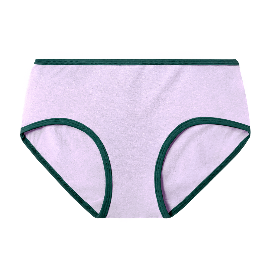 lilac light purple with lagoon, dark green, contrast at waist and leg openings