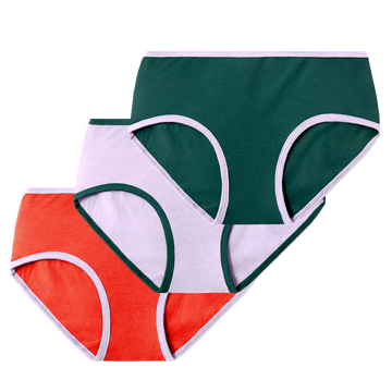 3 pack includes Lagoon (dark green) mid rise brief with lilac contrast binding, Lilac mid-rise brief with Lagoon (dark green) contrast binding, Poppy (red) mid-rise brief with lilac contrast binding