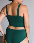 Proclaim Organic cotton square neck bralette in lagoon dark green shown on model back view