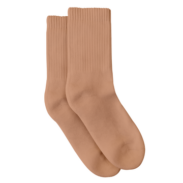 organic pima cotton crew socks ethically and sustainably made in Peru in Maya nude, a warm caramel tone.