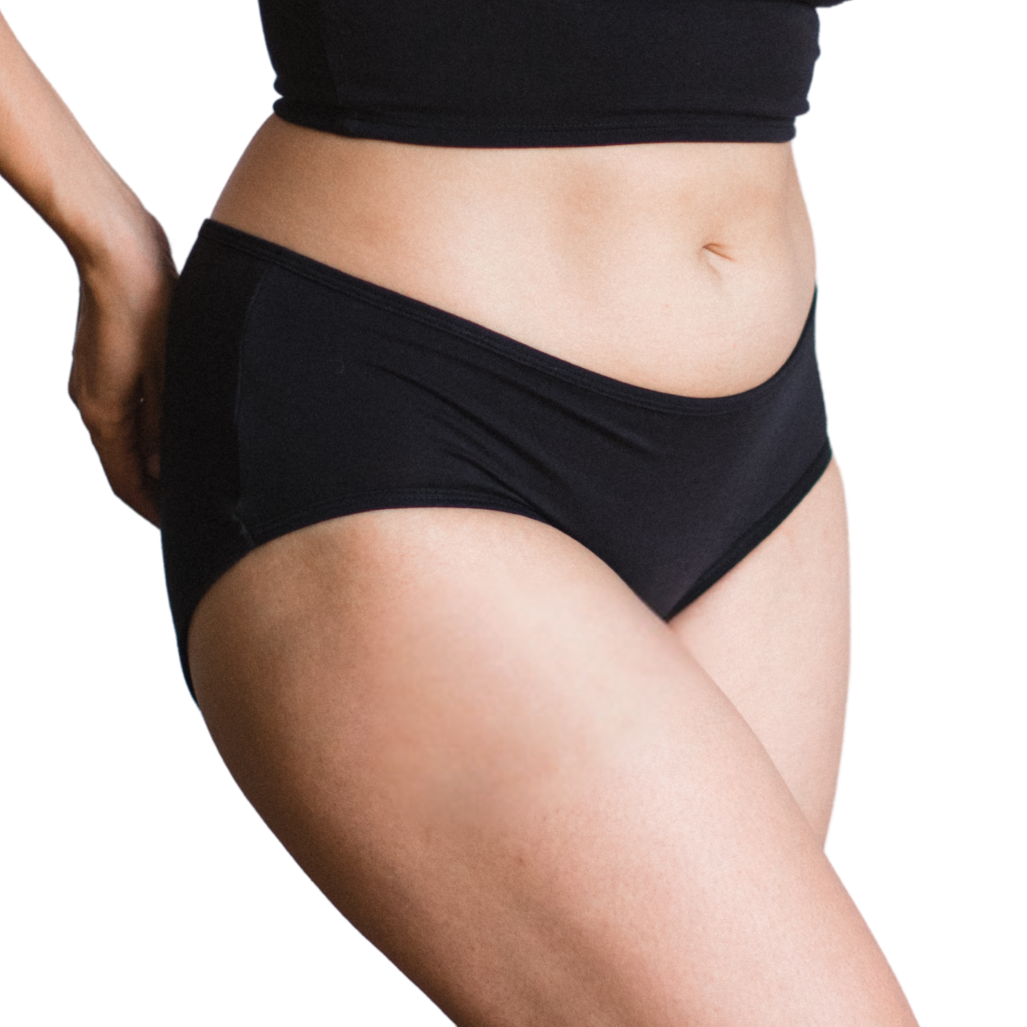 Side view of PROCLAIM black organic cotton mid-rise brief underwear 