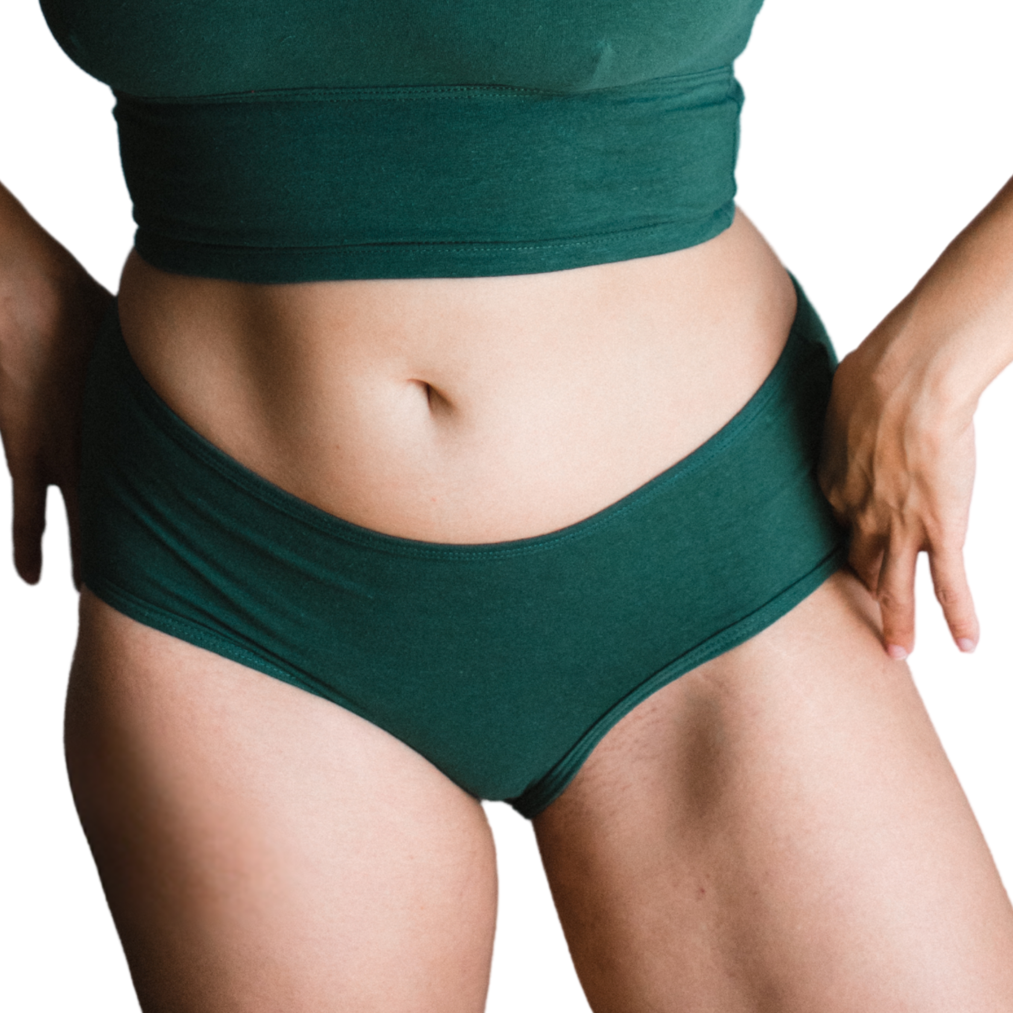 Front view of PROCLAIM Lagoon dark green organic cotton mid-rise brief underwear