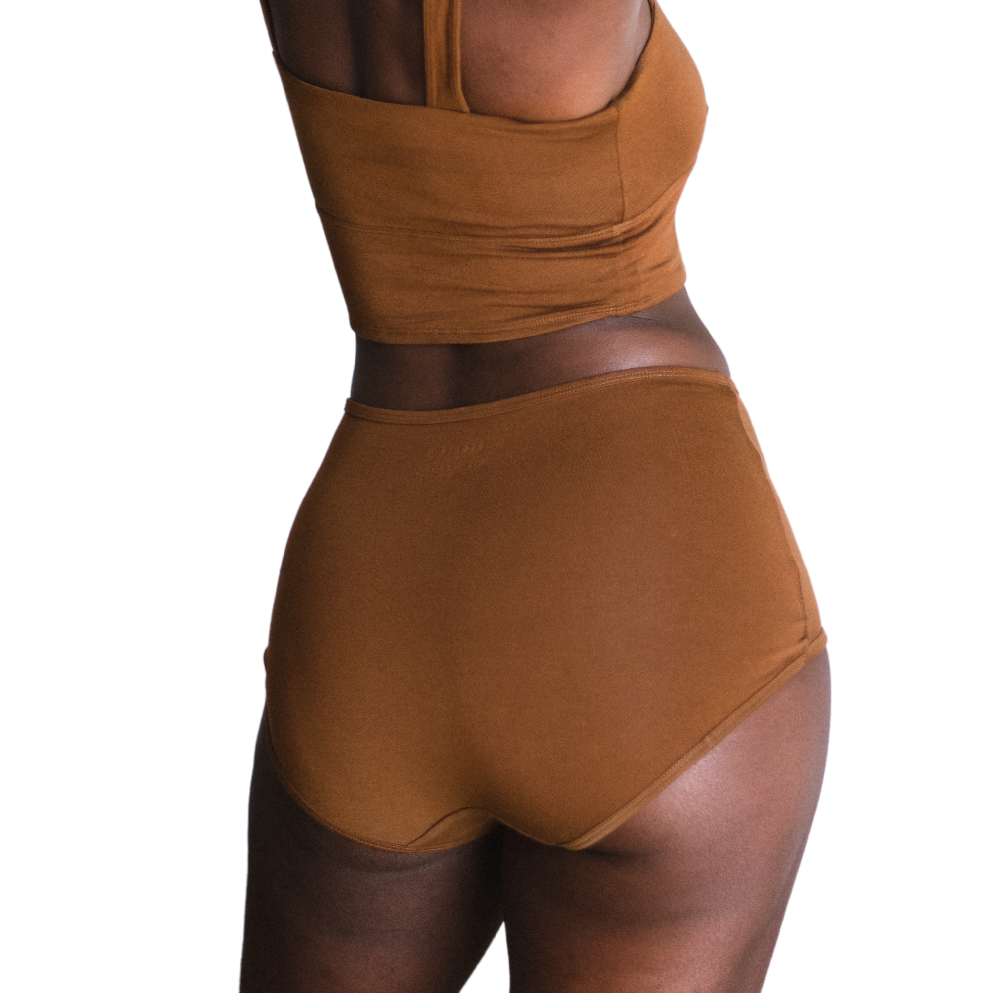 Woman wearing an ella deep nude high rise organic cotton brief bottom on a white background, back 