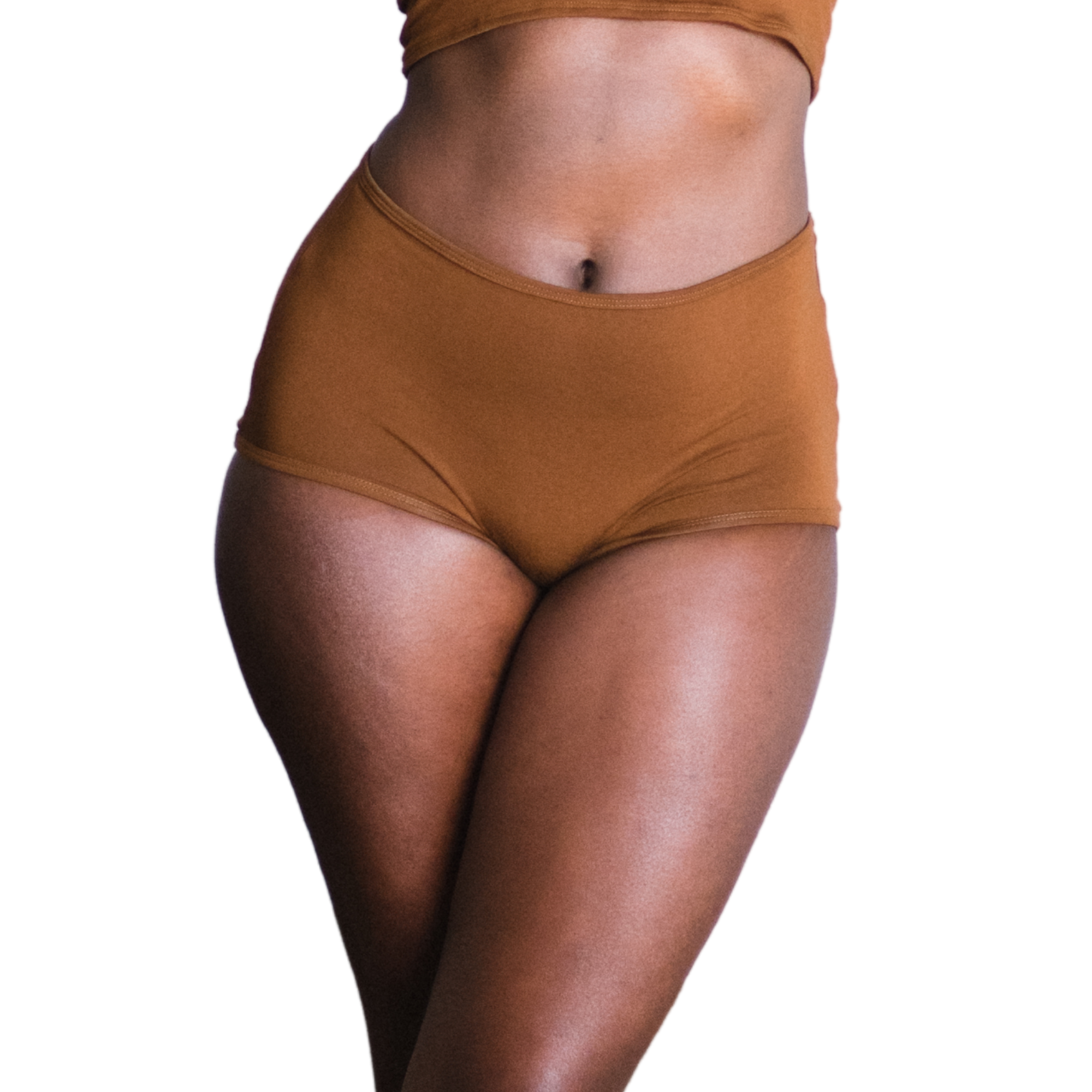 Woman wearing an ella deep nude high rise organic cotton brief bottom on a white background, front 