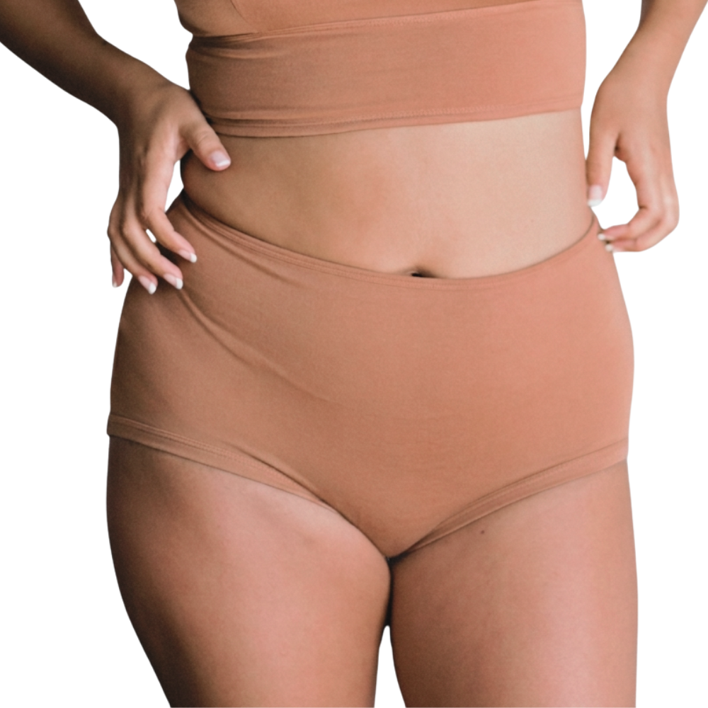 woman wearing proclaim high rise brief underwear in maya medium nude, front view on white backround