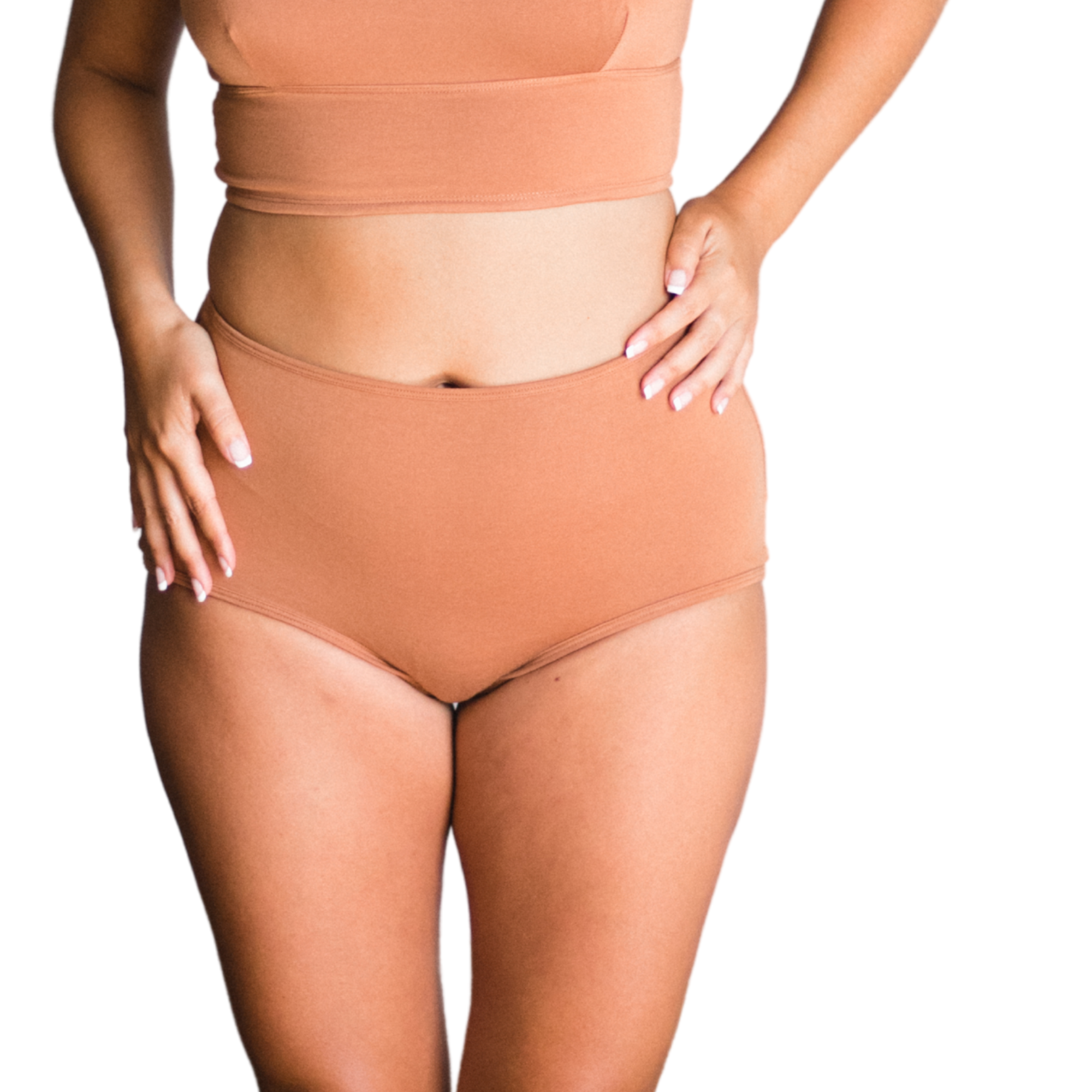 woman wearing proclaim high rise brief underwear in maya medium nude, front view