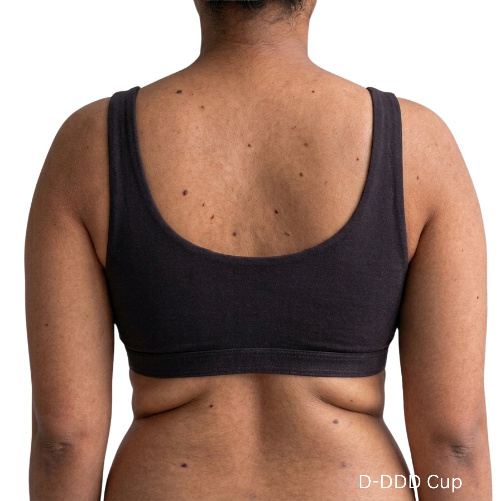 model wearing d+ cup proclaim everyday bralette scoop style in black