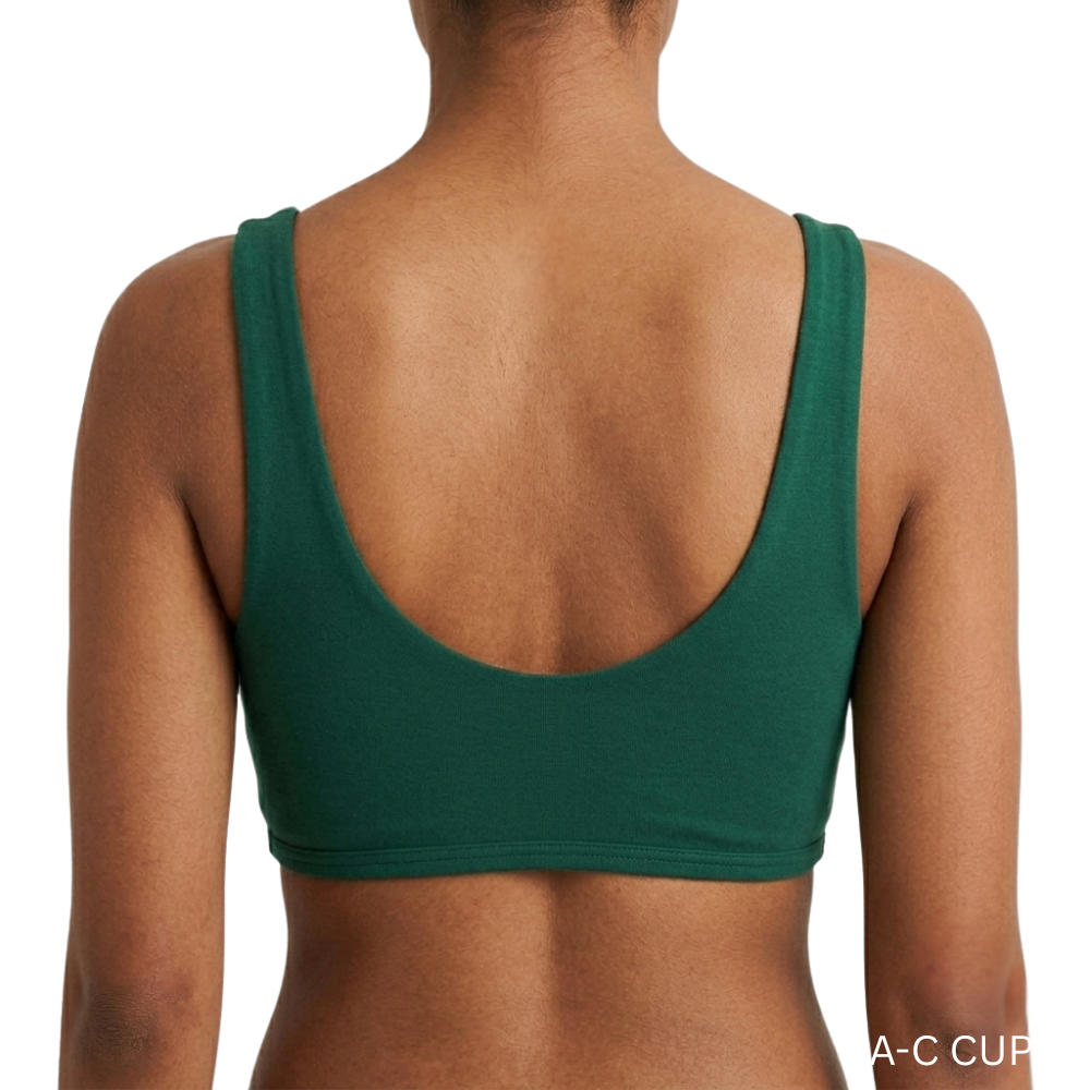 model wearing everyday bralette in lagoon green back view