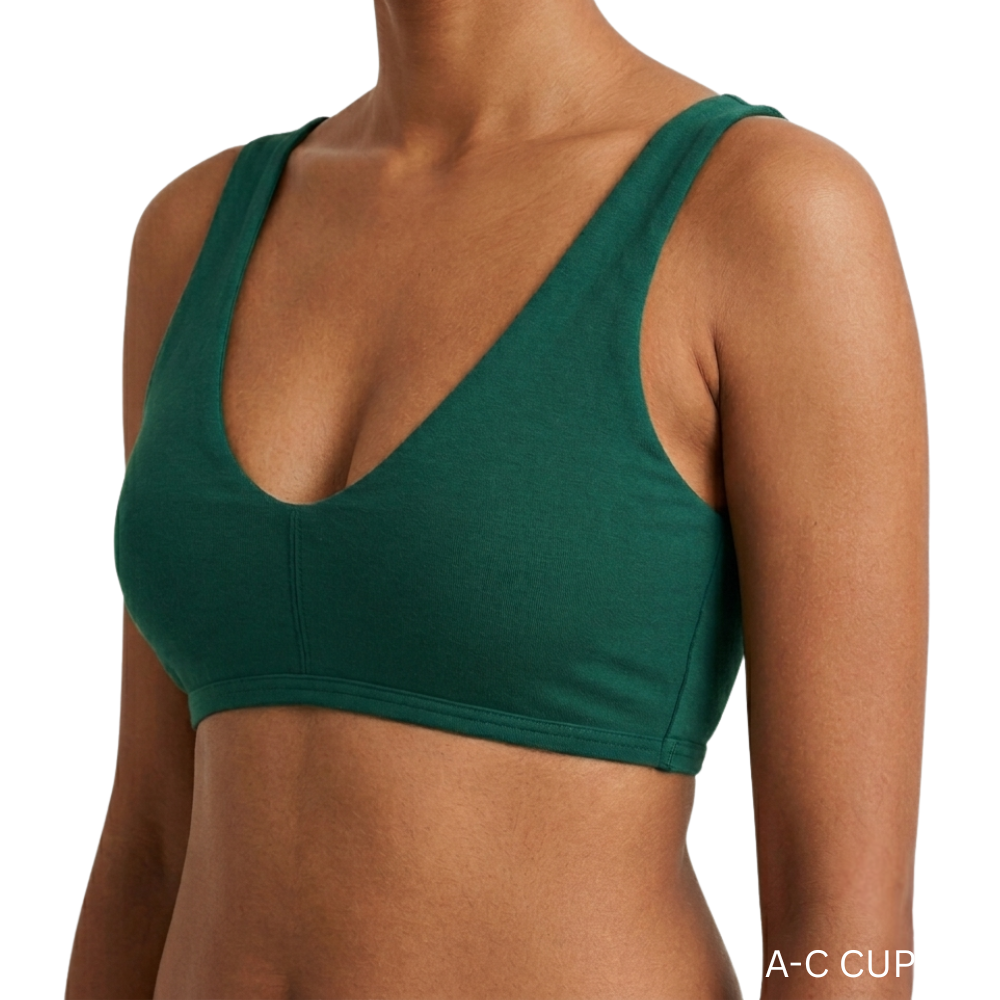 model wearing lagoon green everyday bralette front view