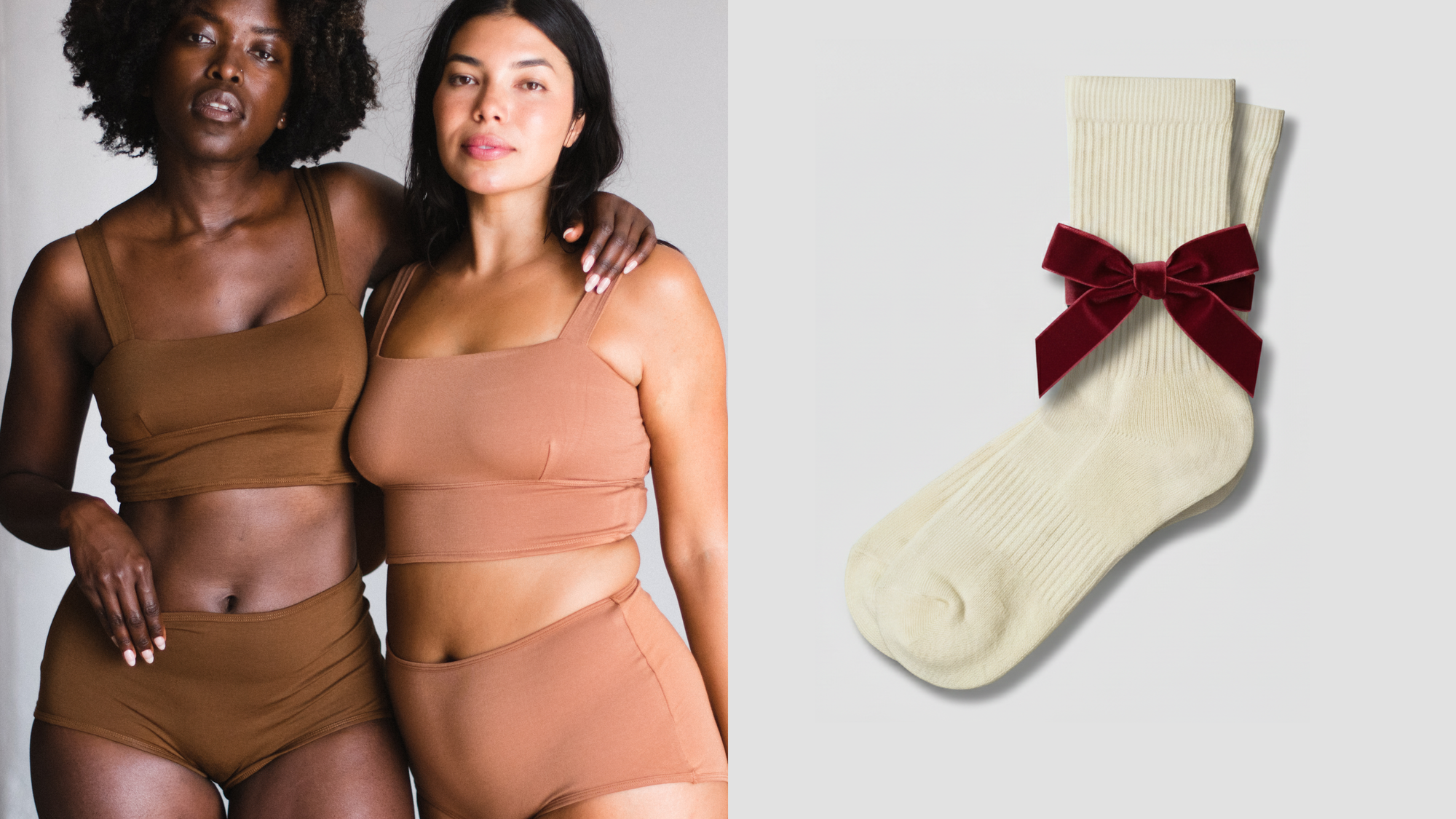 models wearing procaim bralette and brief in inclusive nude tones next to organic cotton socks in color natural