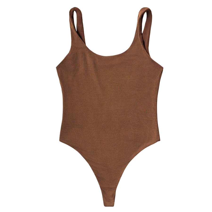 Ella nude, a chocolate brown tone, bodysuit in scoop neck tank style with thong bottom.