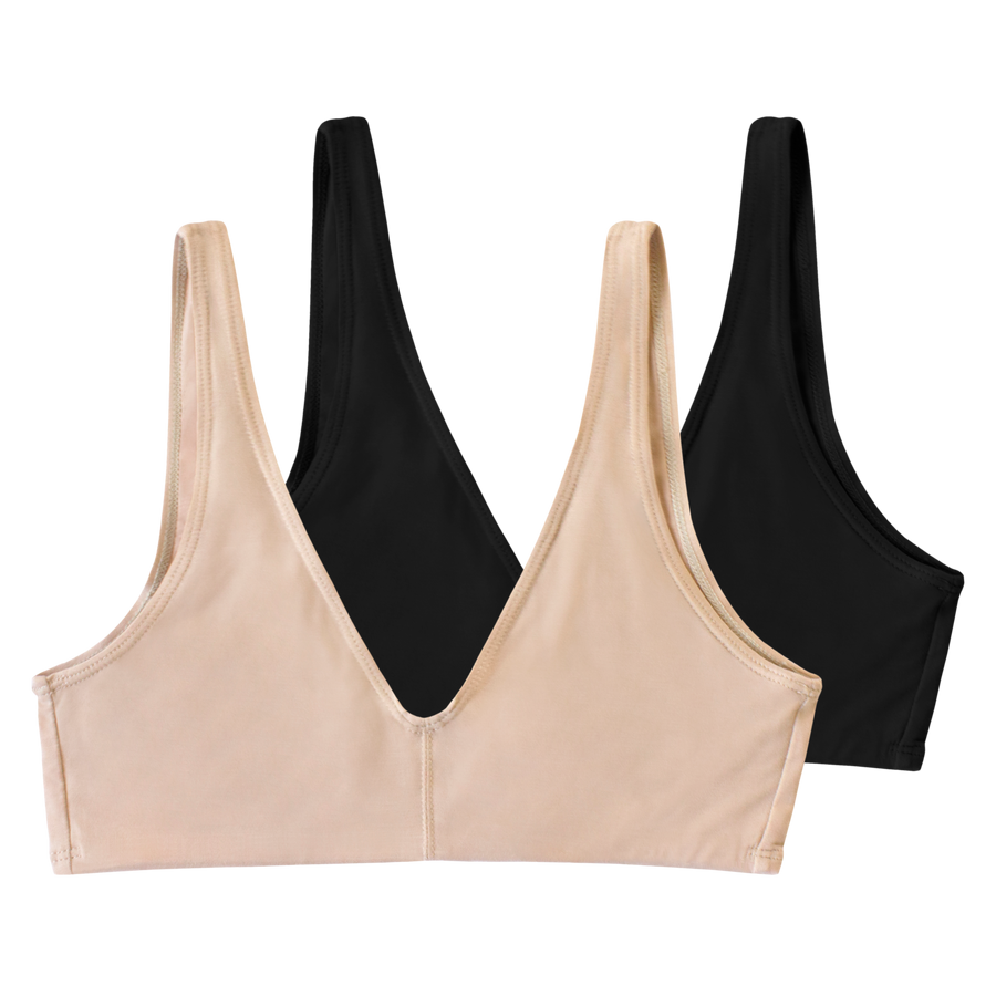 A 2-pack that includes the ada nude bralette, a beige tone, and a black bralette. Both made from sustainable and soft tencel