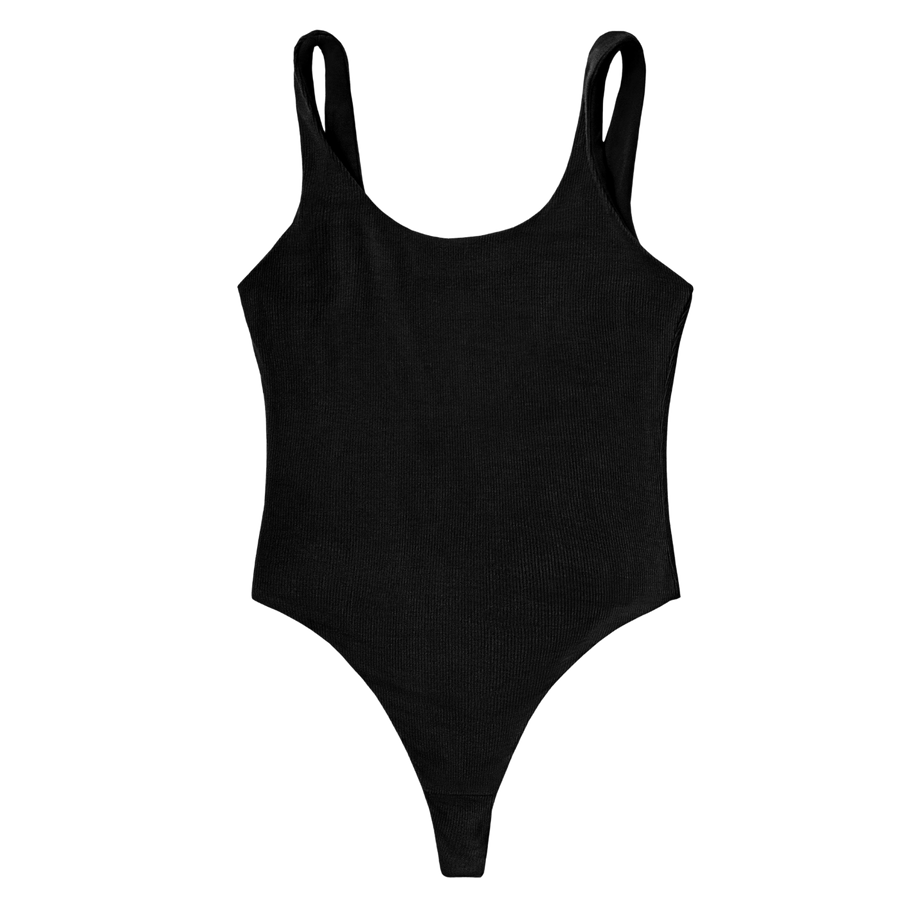 flat lay image of black bodysuit