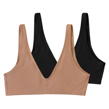 2-pack that features one maya nude, a caramel brown tone, and one black bralette. wirefree and made from sustainable tencel