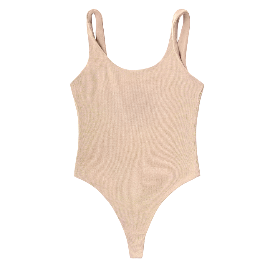  ada nude, a light beige tone, reversibe bodysuit with ribbed side showing