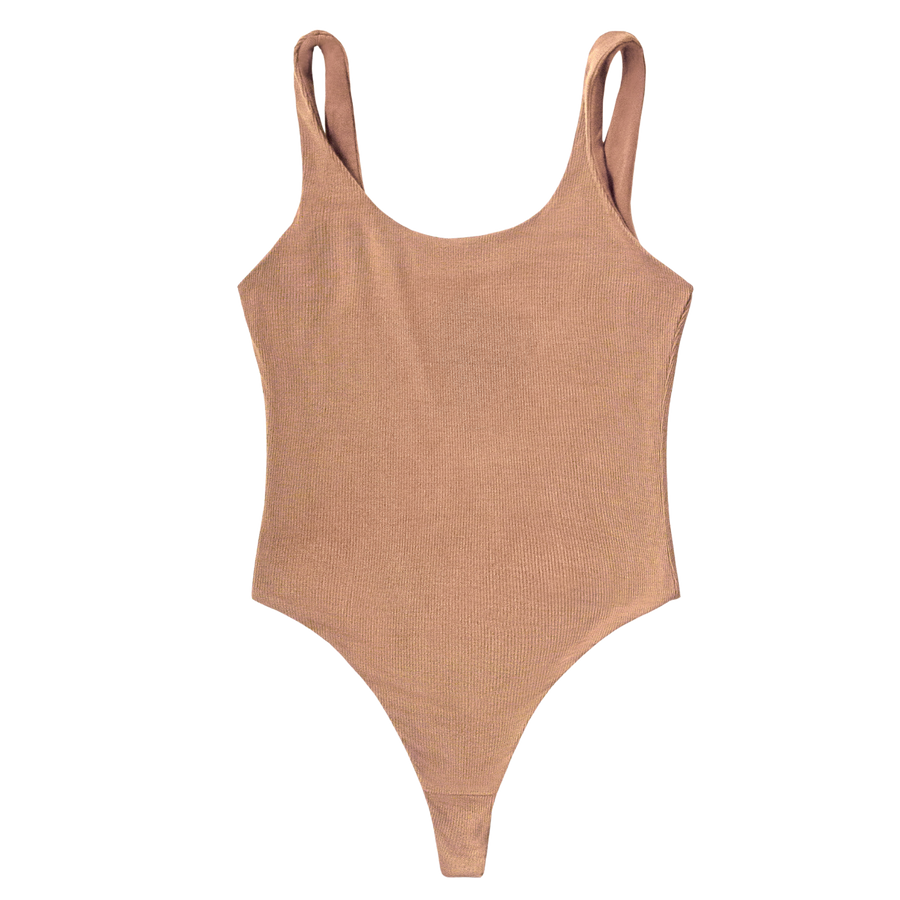 Maya nude, a caramel medium nude, bodysuit flat lay. scoop neck with thong bottom.
