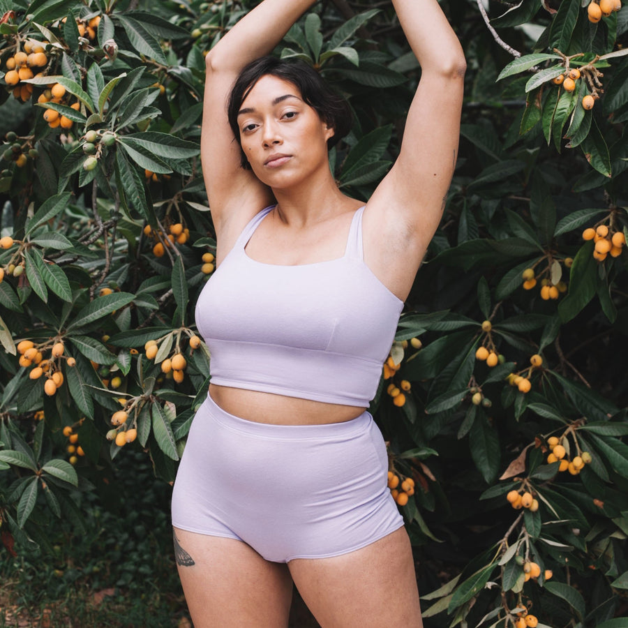 Proclaim Color Pop Collection Organic Cotton and Hemp Bralette in Lilac on Model wearing XL D-DDD Cup Bralette and XL High Rise Brief
