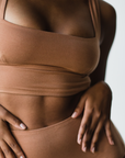 Square neck bralette crop top in maya nude on model zoomed in